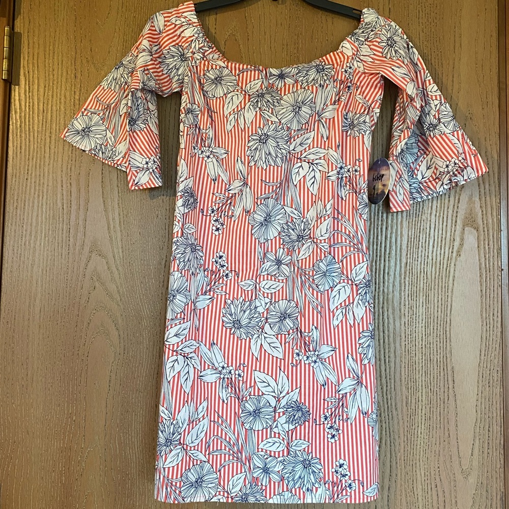 Flirty, Short Coral/White Striped Floral Dress